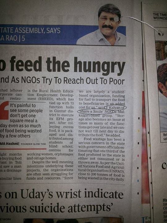 Share A Smile Mentioned in The Times of India for its work on serving left over food at functions to the needy.